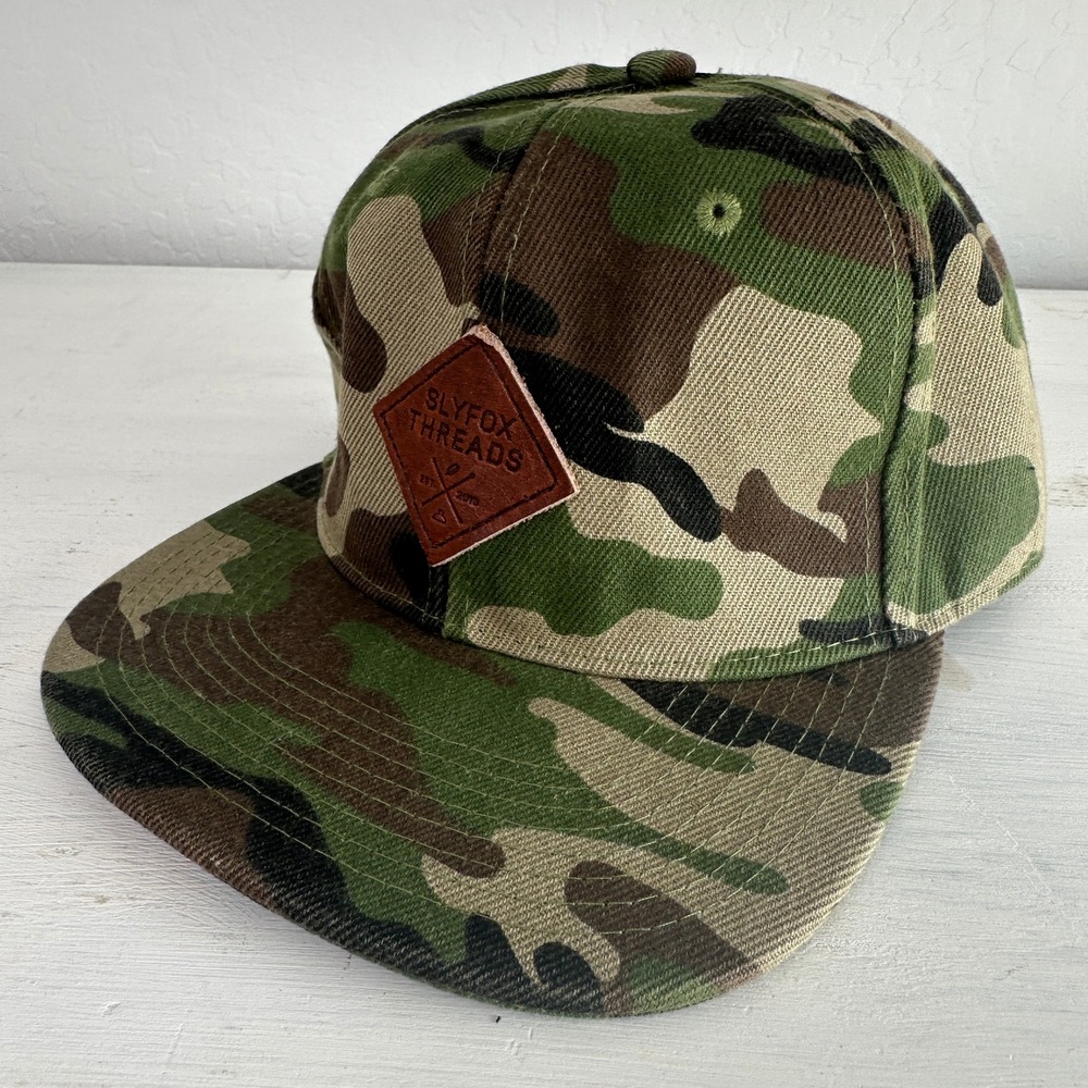 Slyfox Threads Hat Mens OSFM Snapback Green Camo Leather Patch Crown